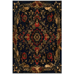 Halı – Siyah; Kırmızı; Gold – Geleneksel Desen, Pamuk Dokuma Taban, Makinede Yıkanabilir, Kolay Temizlenebilir, Toz Ve Tüy Tutmaz, Kaymaz, Evcil Hayvan Dostu 200x220 cm