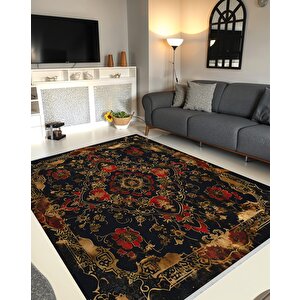 Halı – Siyah; Kırmızı; Gold – Geleneksel Desen, Pamuk Dokuma Taban, Makinede Yıkanabilir, Kolay Temizlenebilir, Toz Ve Tüy Tutmaz, Kaymaz, Evcil Hayvan Dostu 200x220 cm