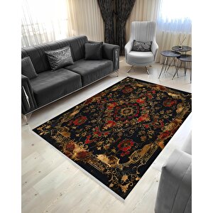 Halı – Siyah; Kırmızı; Gold – Geleneksel Desen, Pamuk Dokuma Taban, Makinede Yıkanabilir, Kolay Temizlenebilir, Toz Ve Tüy Tutmaz, Kaymaz, Evcil Hayvan Dostu 200x220 cm