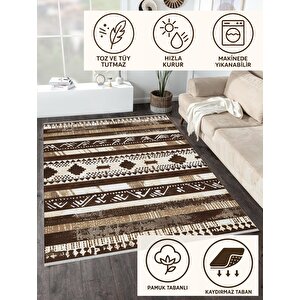 Halı – Kahverengi; Bej; Krem – Etnik Desen, Pamuk Dokuma Taban, Makinede Yıkanabilir, Kolay Temizlenebilir, Toz Ve Tüy Tutmaz, Kaymaz, Evcil Hayvan Dostu 150x300 cm