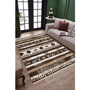 Halı – Kahverengi; Bej; Krem – Etnik Desen, Pamuk Dokuma Taban, Makinede Yıkanabilir, Kolay Temizlenebilir, Toz Ve Tüy Tutmaz, Kaymaz, Evcil Hayvan Dostu 150x300 cm