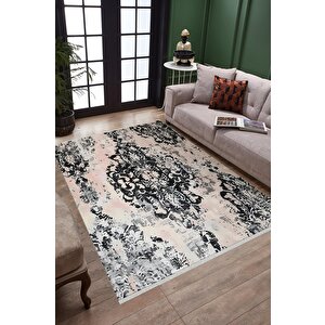 Halı – Siyah; Krem – Oriental Desen, Pamuk Dokuma Taban, Makinede Yıkanabilir, Kolay Temizlenebilir, Toz Ve Tüy Tutmaz, Kaymaz, Evcil Hayvan Dostu 100x180 cm
