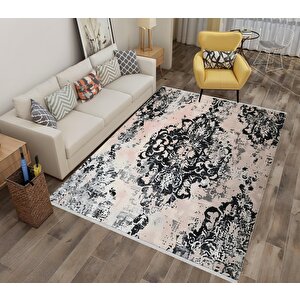 Halı – Siyah; Krem – Oriental Desen, Pamuk Dokuma Taban, Makinede Yıkanabilir, Kolay Temizlenebilir, Toz Ve Tüy Tutmaz, Kaymaz, Evcil Hayvan Dostu