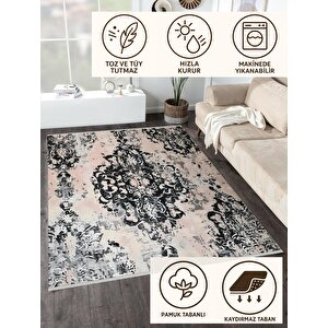 Halı – Siyah; Krem – Oriental Desen, Pamuk Dokuma Taban, Makinede Yıkanabilir, Kolay Temizlenebilir, Toz Ve Tüy Tutmaz, Kaymaz, Evcil Hayvan Dostu