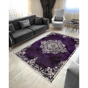 Halı – Mor; Krem; Siyah – Geleneksel Desen, Pamuk Dokuma Taban, Makinede Yıkanabilir, Kolay Temizlenebilir, Toz Ve Tüy Tutmaz, Kaymaz, Evcil Hayvan Dostu