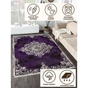 Halı – Mor; Krem; Siyah – Geleneksel Desen, Pamuk Dokuma Taban, Makinede Yıkanabilir, Kolay Temizlenebilir, Toz Ve Tüy Tutmaz, Kaymaz, Evcil Hayvan Dostu