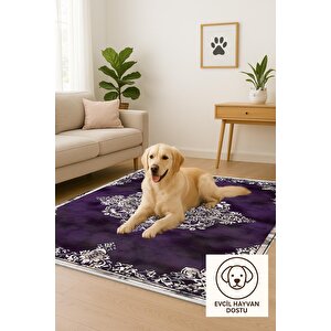 Halı – Mor; Krem; Siyah – Geleneksel Desen, Pamuk Dokuma Taban, Makinede Yıkanabilir, Kolay Temizlenebilir, Toz Ve Tüy Tutmaz, Kaymaz, Evcil Hayvan Dostu