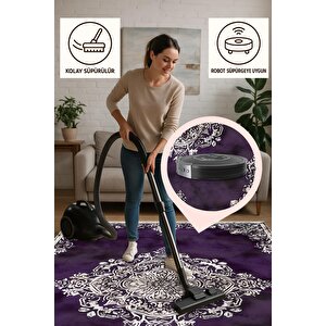 Halı – Mor; Krem; Siyah – Geleneksel Desen, Pamuk Dokuma Taban, Makinede Yıkanabilir, Kolay Temizlenebilir, Toz Ve Tüy Tutmaz, Kaymaz, Evcil Hayvan Dostu