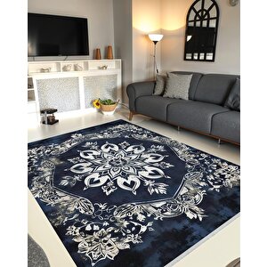 Halı – Lacivert; Krem; Gri – Geleneksel Desen, Pamuk Dokuma Taban, Makinede Yıkanabilir, Kolay Temizlenebilir, Toz Ve Tüy Tutmaz, Kaymaz, Evcil Hayvan Dostu 150x240 cm