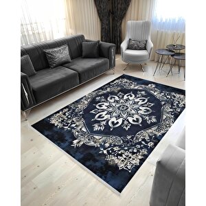 Halı – Lacivert; Krem; Gri – Geleneksel Desen, Pamuk Dokuma Taban, Makinede Yıkanabilir, Kolay Temizlenebilir, Toz Ve Tüy Tutmaz, Kaymaz, Evcil Hayvan Dostu 150x240 cm