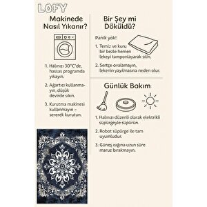 Halı – Lacivert; Krem; Gri – Geleneksel Desen, Pamuk Dokuma Taban, Makinede Yıkanabilir, Kolay Temizlenebilir, Toz Ve Tüy Tutmaz, Kaymaz, Evcil Hayvan Dostu