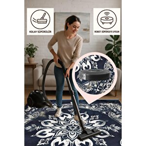 Halı – Lacivert; Krem; Gri – Geleneksel Desen, Pamuk Dokuma Taban, Makinede Yıkanabilir, Kolay Temizlenebilir, Toz Ve Tüy Tutmaz, Kaymaz, Evcil Hayvan Dostu