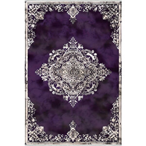 Halı – Mor; Krem; Siyah – Geleneksel Desen, Pamuk Dokuma Taban, Makinede Yıkanabilir, Kolay Temizlenebilir, Toz Ve Tüy Tutmaz, Kaymaz, Evcil Hayvan Dostu 120x270 cm