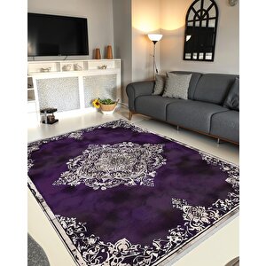 Halı – Mor; Krem; Siyah – Geleneksel Desen, Pamuk Dokuma Taban, Makinede Yıkanabilir, Kolay Temizlenebilir, Toz Ve Tüy Tutmaz, Kaymaz, Evcil Hayvan Dostu 120x270 cm