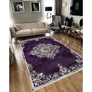 Halı – Mor; Krem; Siyah – Geleneksel Desen, Pamuk Dokuma Taban, Makinede Yıkanabilir, Kolay Temizlenebilir, Toz Ve Tüy Tutmaz, Kaymaz, Evcil Hayvan Dostu 120x270 cm