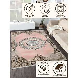 Halı – Pembe; Bej; Gri – Geleneksel Desen, Pamuk Dokuma Taban, Makinede Yıkanabilir, Kolay Temizlenebilir, Toz Ve Tüy Tutmaz, Kaymaz, Evcil Hayvan Dostu