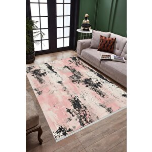Halı – Pembe; Siyah; Krem – Soyut Desen, Pamuk Dokuma Taban, Makinede Yıkanabilir, Kolay Temizlenebilir, Toz Ve Tüy Tutmaz, Kaymaz, Evcil Hayvan Dostu 200x350 cm