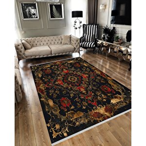 Halı – Siyah; Kırmızı; Gold – Geleneksel Desen, Pamuk Dokuma Taban, Makinede Yıkanabilir, Kolay Temizlenebilir, Toz Ve Tüy Tutmaz, Kaymaz, Evcil Hayvan Dostu