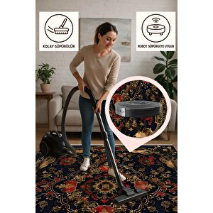 Halı – Siyah; Kırmızı; Gold – Geleneksel Desen, Pamuk Dokuma Taban, Makinede Yıkanabilir, Kolay Temizlenebilir, Toz Ve Tüy Tutmaz, Kaymaz, Evcil Hayvan Dostu