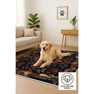 Halı – Siyah; Kırmızı; Gold – Geleneksel Desen, Pamuk Dokuma Taban, Makinede Yıkanabilir, Kolay Temizlenebilir, Toz Ve Tüy Tutmaz, Kaymaz, Evcil Hayvan Dostu