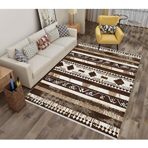 Halı – Kahverengi; Bej; Krem – Etnik Desen, Pamuk Dokuma Taban, Makinede Yıkanabilir, Kolay Temizlenebilir, Toz Ve Tüy Tutmaz, Kaymaz, Evcil Hayvan Dostu