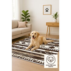 Halı – Kahverengi; Bej; Krem – Etnik Desen, Pamuk Dokuma Taban, Makinede Yıkanabilir, Kolay Temizlenebilir, Toz Ve Tüy Tutmaz, Kaymaz, Evcil Hayvan Dostu