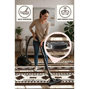 Halı – Kahverengi; Bej; Krem – Etnik Desen, Pamuk Dokuma Taban, Makinede Yıkanabilir, Kolay Temizlenebilir, Toz Ve Tüy Tutmaz, Kaymaz, Evcil Hayvan Dostu