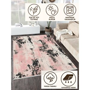 Halı – Pembe; Siyah; Krem – Soyut Desen, Pamuk Dokuma Taban, Makinede Yıkanabilir, Kolay Temizlenebilir, Toz Ve Tüy Tutmaz, Kaymaz, Evcil Hayvan Dostu 120x270 cm