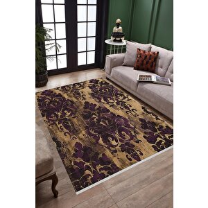 Halı – Mor; Kahverengi – Damask Desen, Pamuk Dokuma Taban, Makinede Yıkanabilir, Kolay Temizlenebilir, Toz Ve Tüy Tutmaz, Kaymaz, Evcil Hayvan Dostu 200x270 cm