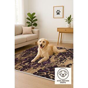 Halı – Mor; Kahverengi – Damask Desen, Pamuk Dokuma Taban, Makinede Yıkanabilir, Kolay Temizlenebilir, Toz Ve Tüy Tutmaz, Kaymaz, Evcil Hayvan Dostu 200x270 cm