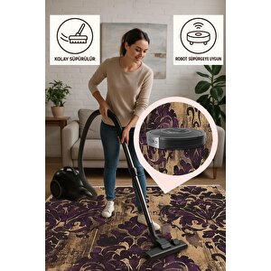 Halı – Mor; Kahverengi – Damask Desen, Pamuk Dokuma Taban, Makinede Yıkanabilir, Kolay Temizlenebilir, Toz Ve Tüy Tutmaz, Kaymaz, Evcil Hayvan Dostu