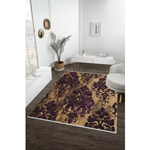 Halı – Mor; Kahverengi – Damask Desen, Pamuk Dokuma Taban, Makinede Yıkanabilir, Kolay Temizlenebilir, Toz Ve Tüy Tutmaz, Kaymaz, Evcil Hayvan Dostu