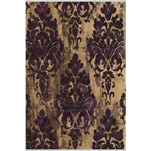 Halı – Mor; Kahverengi – Damask Desen, Pamuk Dokuma Taban, Makinede Yıkanabilir, Kolay Temizlenebilir, Toz Ve Tüy Tutmaz, Kaymaz, Evcil Hayvan Dostu 150x150 cm
