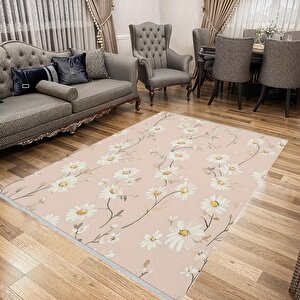 Halı – Pembe; Beyaz; Sarı – Çiçekli Desen, Pamuk Dokuma Taban, Makinede Yıkanabilir, Kolay Temizlenebilir, Toz Ve Tüy Tutmaz, Kaymaz, Evcil Hayvan Dostu 150x150 cm