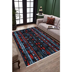Halı – Kırmızı; Mavi; Siyah – Etnik Desen, Pamuk Dokuma Taban, Makinede Yıkanabilir, Kolay Temizlenebilir, Toz Ve Tüy Tutmaz, Kaymaz, Evcil Hayvan Dostu 120x270 cm