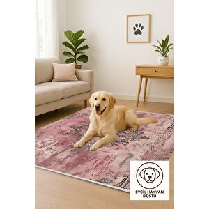 Halı – Pembe; Krem; Gri – Eskitme Desen, Pamuk Dokuma Taban, Makinede Yıkanabilir, Kolay Temizlenebilir, Toz Ve Tüy Tutmaz, Kaymaz, Evcil Hayvan Dostu 180x270 cm
