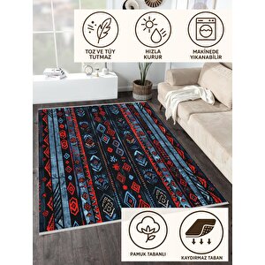 Halı – Kırmızı; Mavi; Siyah – Etnik Desen, Pamuk Dokuma Taban, Makinede Yıkanabilir, Kolay Temizlenebilir, Toz Ve Tüy Tutmaz, Kaymaz, Evcil Hayvan Dostu 180x200 cm