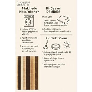 Halı – Kahverengi; Bej – Çizgili Desen, Pamuk Dokuma Taban, Makinede Yıkanabilir, Kolay Temizlenebilir, Toz Ve Tüy Tutmaz, Kaymaz, Evcil Hayvan Dostu