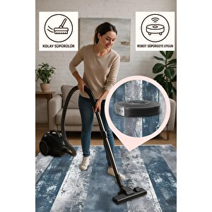 Halı – Mavi; Gri – Çizgili Desen, Pamuk Dokuma Taban, Makinede Yıkanabilir, Kolay Temizlenebilir, Toz Ve Tüy Tutmaz, Kaymaz, Evcil Hayvan Dostu