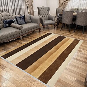 Halı – Kahverengi; Bej – Çizgili Desen, Pamuk Dokuma Taban, Makinede Yıkanabilir, Kolay Temizlenebilir, Toz Ve Tüy Tutmaz, Kaymaz, Evcil Hayvan Dostu 200x270 cm