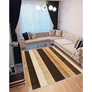 Halı – Kahverengi; Bej – Çizgili Desen, Pamuk Dokuma Taban, Makinede Yıkanabilir, Kolay Temizlenebilir, Toz Ve Tüy Tutmaz, Kaymaz, Evcil Hayvan Dostu 200x270 cm