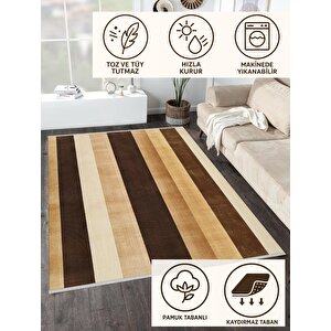 Halı – Kahverengi; Bej – Çizgili Desen, Pamuk Dokuma Taban, Makinede Yıkanabilir, Kolay Temizlenebilir, Toz Ve Tüy Tutmaz, Kaymaz, Evcil Hayvan Dostu