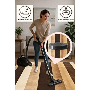 Halı – Kahverengi; Bej – Çizgili Desen, Pamuk Dokuma Taban, Makinede Yıkanabilir, Kolay Temizlenebilir, Toz Ve Tüy Tutmaz, Kaymaz, Evcil Hayvan Dostu