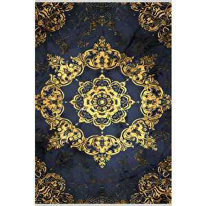 Halı – Lacivert; Gold – Geleneksel Desen, Pamuk Dokuma Taban, Makinede Yıkanabilir, Kolay Temizlenebilir, Toz Ve Tüy Tutmaz, Kaymaz, Evcil Hayvan Dostu 120x180 cm