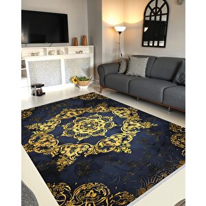 Halı – Lacivert; Gold – Geleneksel Desen, Pamuk Dokuma Taban, Makinede Yıkanabilir, Kolay Temizlenebilir, Toz Ve Tüy Tutmaz, Kaymaz, Evcil Hayvan Dostu 120x180 cm