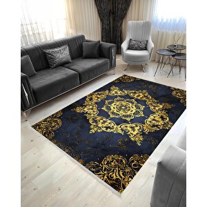 Halı – Lacivert; Gold – Geleneksel Desen, Pamuk Dokuma Taban, Makinede Yıkanabilir, Kolay Temizlenebilir, Toz Ve Tüy Tutmaz, Kaymaz, Evcil Hayvan Dostu