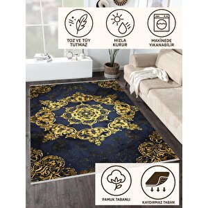 Halı – Lacivert; Gold – Geleneksel Desen, Pamuk Dokuma Taban, Makinede Yıkanabilir, Kolay Temizlenebilir, Toz Ve Tüy Tutmaz, Kaymaz, Evcil Hayvan Dostu