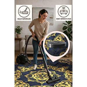 Halı – Lacivert; Gold – Geleneksel Desen, Pamuk Dokuma Taban, Makinede Yıkanabilir, Kolay Temizlenebilir, Toz Ve Tüy Tutmaz, Kaymaz, Evcil Hayvan Dostu