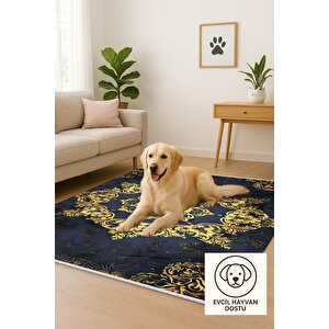 Halı – Lacivert; Gold – Geleneksel Desen, Pamuk Dokuma Taban, Makinede Yıkanabilir, Kolay Temizlenebilir, Toz Ve Tüy Tutmaz, Kaymaz, Evcil Hayvan Dostu