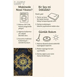 Halı – Lacivert; Gold – Geleneksel Desen, Pamuk Dokuma Taban, Makinede Yıkanabilir, Kolay Temizlenebilir, Toz Ve Tüy Tutmaz, Kaymaz, Evcil Hayvan Dostu